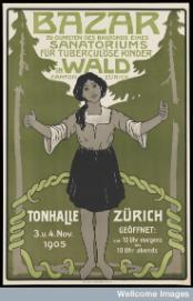 A girl with tuberculosis appealing for funds for a sanatorium for tuberculous children in Zürich. Colour lithograph after H.C. Ulrich, 1905. © Wellcome Library, London 